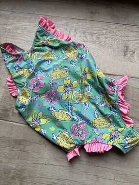 Posh Pickle Co. Girls Green Sea Turtle Print Ruffle One-Piece Swimsuit